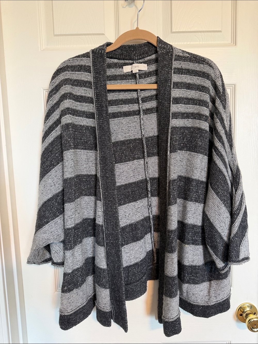 LOFT Black & Gray Striped Open-Front Poncho Cardigan